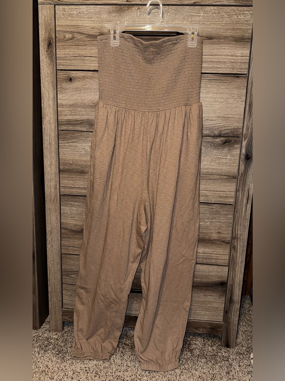 American Eagle Outfitters Strapless Smocked Jumpsuit in Taupe